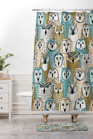 Sharon Turner owls limited gold blue Shower Curtain And Mat