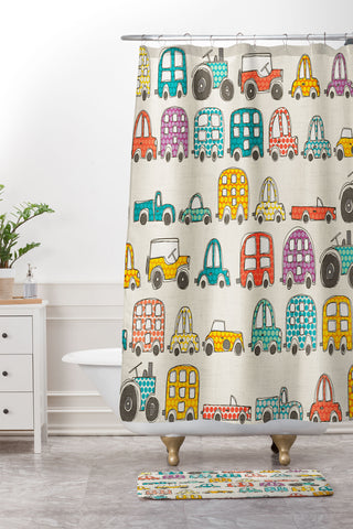 Sharon Turner retro rides eggshell Shower Curtain And Mat