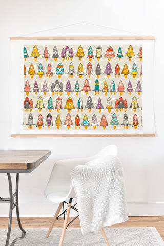 Sharon Turner retro rockets eggshell Art Print And Hanger