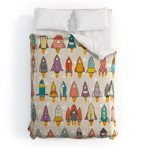 Sharon Turner retro rockets eggshell Comforter