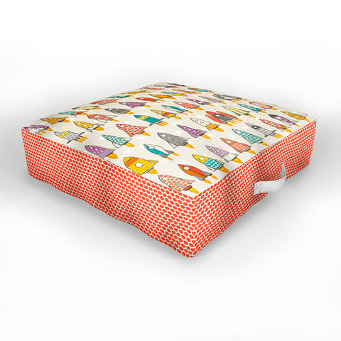 Sharon Turner retro rockets eggshell Outdoor Floor Cushion