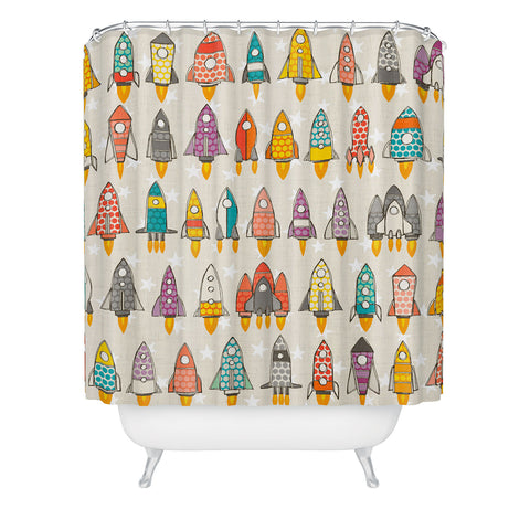 Sharon Turner retro rockets eggshell Shower Curtain