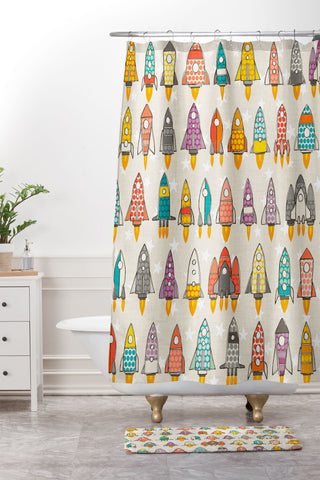Sharon Turner retro rockets eggshell Shower Curtain And Mat