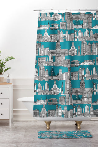 Sharon Turner San Francisco Teal Shower Curtain And Mat