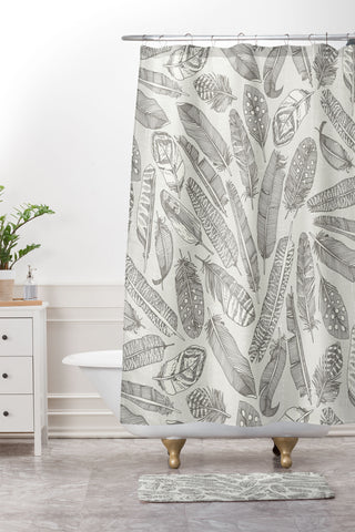 Sharon Turner scattered feathers natural Shower Curtain And Mat