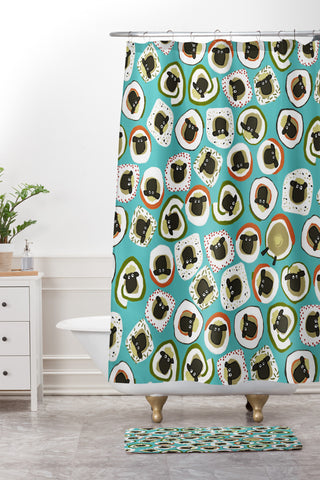 Sharon Turner sheep sushi blue Shower Curtain And Mat
