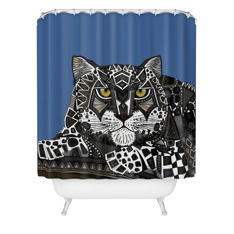 Sharon Turner snow leopard blue Shower Curtain