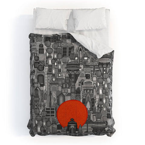 Sharon Turner space city red sun Comforter