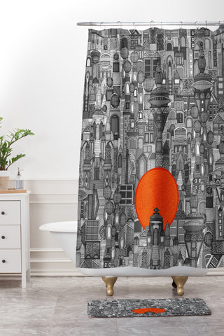 Sharon Turner space city red sun Shower Curtain And Mat