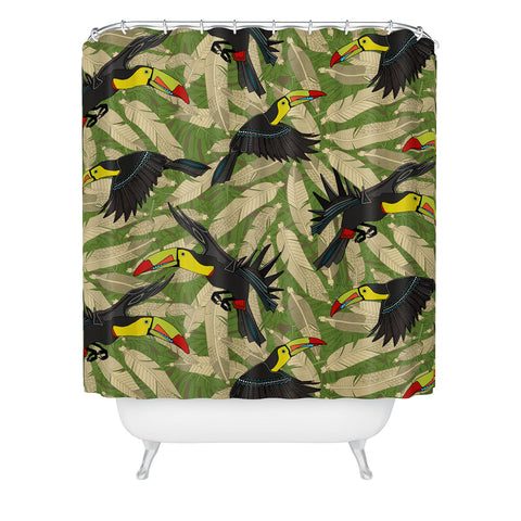 Sharon Turner toucan feather jungle Shower Curtain