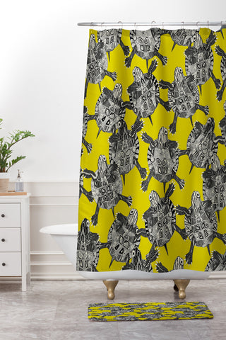 Sharon Turner turtle party citron Shower Curtain And Mat