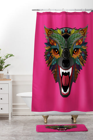 Sharon Turner wolf fight flight pink Shower Curtain And Mat