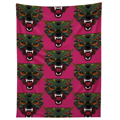 Sharon Turner wolf fight flight pink Tapestry