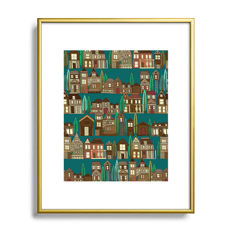 Sharon Turner wooden buildings teal Metal Framed Art Print