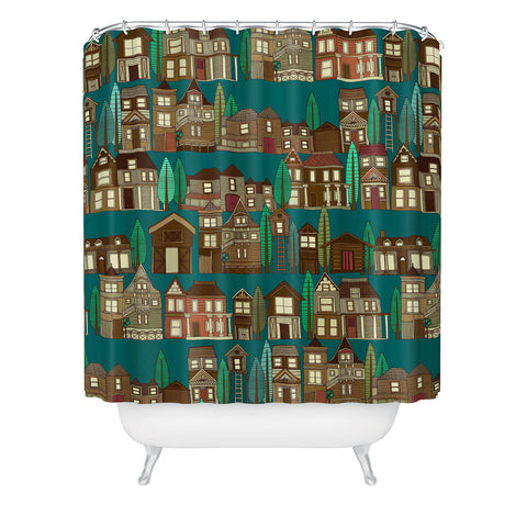 Sharon Turner wooden buildings teal Shower Curtain