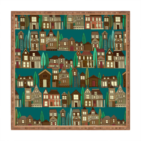 Sharon Turner wooden buildings teal Square Tray