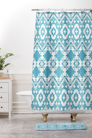 Sheila Wenzel-Ganny Blue Boho Geometric Design Shower Curtain And Mat