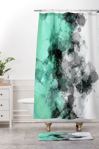 Sheila Wenzel-Ganny Mint Green Paint Splatter Abstract Shower Curtain And Mat