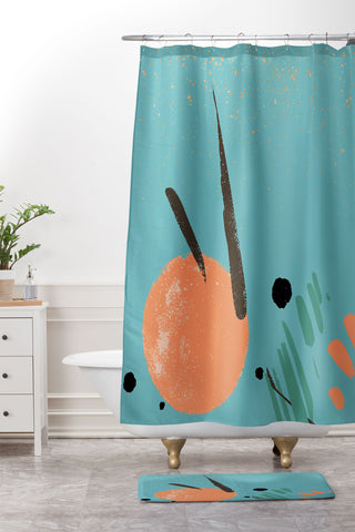Sheila Wenzel-Ganny Turquoise Citrus Abstract Shower Curtain And Mat