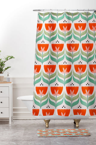 Showmemars Retro Tulips Pattern Shower Curtain And Mat