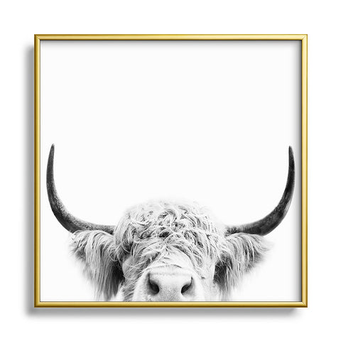 Sisi and Seb Peeking Highland Cow Metal Square Framed Art Print