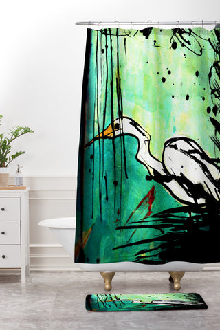 Sophia Buddenhagen Green And White Bird Shower Curtain And Mat