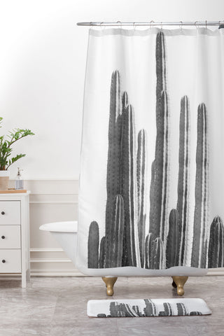 Summer Sun Home Art Black and White Cactus Shower Curtain And Mat