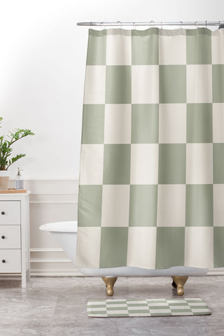 Summer Sun Home Art Checkered Sage Cream Shower Curtain And Mat