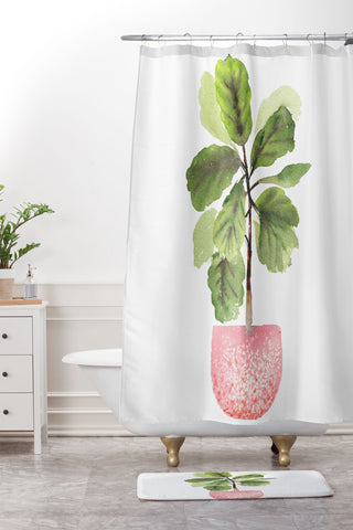 Summer Sun Home Art FiddleLeaf Fig Watercolor Shower Curtain And Mat