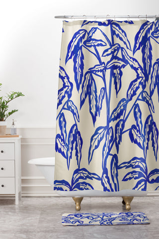 Superblooming Minimal Blue Plant Shower Curtain And Mat