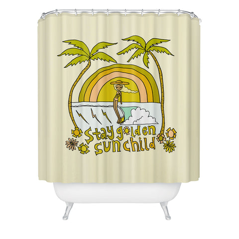 surfy birdy stay golden sun child retro surf Shower Curtain