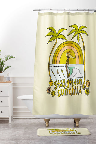 surfy birdy stay golden sun child retro surf Shower Curtain And Mat