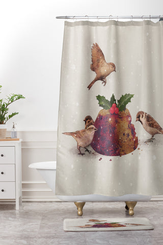 Terry Fan Christmas Pudding Raid Shower Curtain And Mat