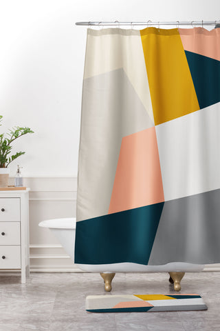 The Old Art Studio Abstract Geometric 27 Navy Shower Curtain And Mat