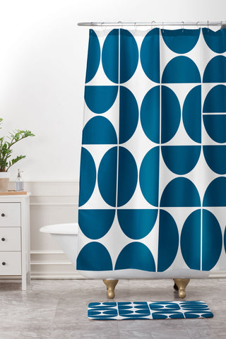 The Old Art Studio Mid Century Modern 04 Blue Shower Curtain And Mat