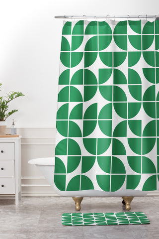 The Old Art Studio Mid Century Modern Geometric 20 Green Shower Curtain And Mat