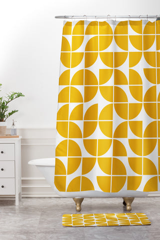 The Old Art Studio Mid Century Modern Geometric 20 Yellow Shower Curtain And Mat