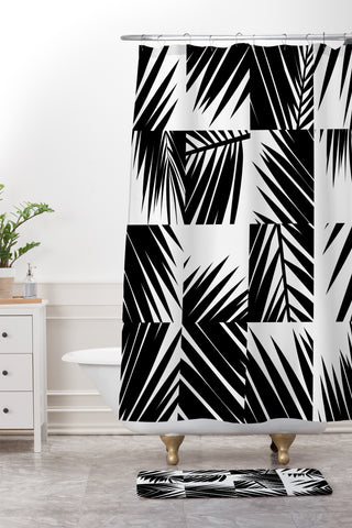 The Old Art Studio Palm Leaf Pattern 03 Black Shower Curtain And Mat