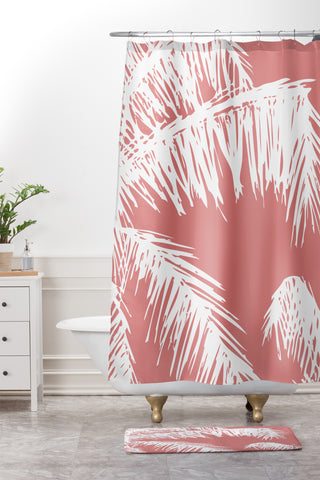 The Old Art Studio Pink Palm Shower Curtain And Mat
