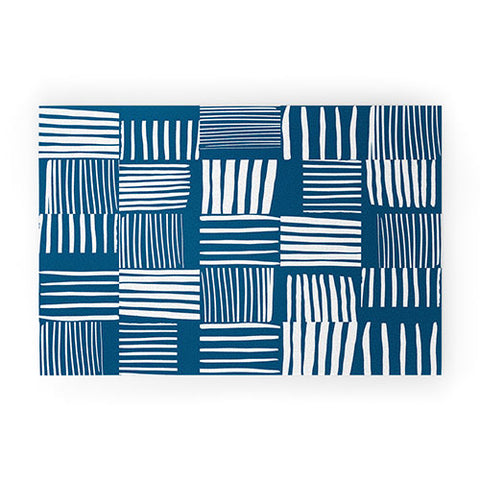 The Old Art Studio Torn Lines Abstract Pattern 04 Blue White Welcome Mat