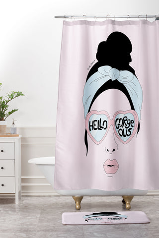 The Optimist Hello Gorgeous in Pink Shower Curtain And Mat