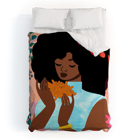 The Pairabirds Chrysanthemums in November Duvet Cover