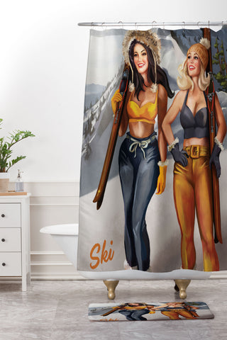 The Whiskey Ginger Ski Tahoe Cute Pinup Girls Shower Curtain And Mat