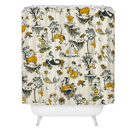 The Whiskey Ginger Zodiac Toile Pattern With Cream Shower Curtain