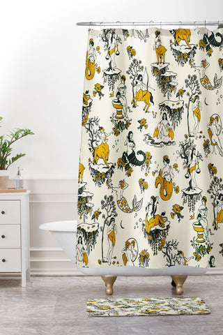 The Whiskey Ginger Zodiac Toile Pattern With Cream Shower Curtain And Mat