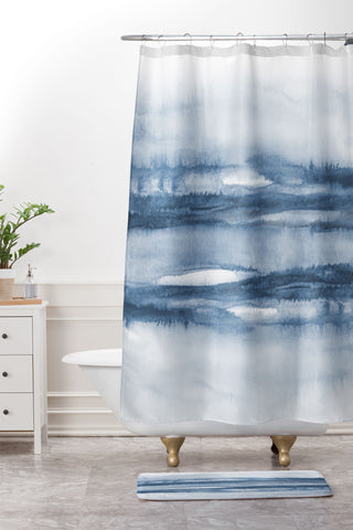 TMSbyNight Indigo Clouds Blue Abstract Shower Curtain And Mat