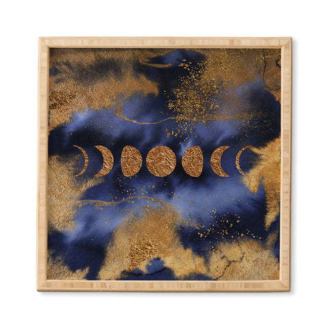 UtArt Blue And Gold Moon Marble Space Landscape Framed Wall Art