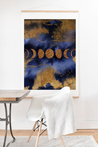UtArt Blue And Gold Moon Marble Space Landscape Art Print And Hanger