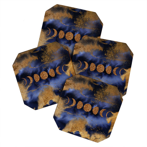 UtArt Blue And Gold Moon Marble Space Landscape Coaster Set