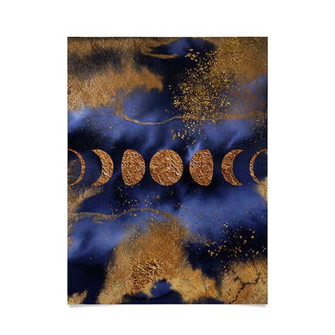 UtArt Blue And Gold Moon Marble Space Landscape Poster